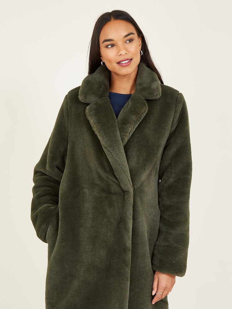 Yumi Khaki Green Faux Fur Coat - Image 1 of 5