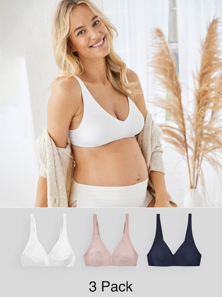 White/Navy Blue/Pink Non Pad Non Wire Cotton Blend Ultimate Comfort Bras 3 Pack - Image 1 of 11
