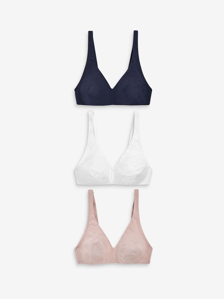 White/Navy Blue/Pink Non Pad Non Wire Cotton Blend Ultimate Comfort Bras 3 Pack - Image 8 of 11