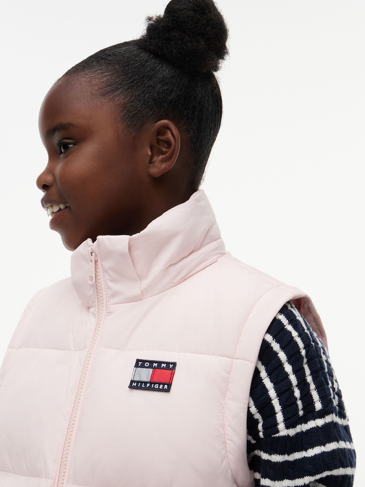 Tommy Hilfiger Pink Heritage Back Logo Ripstop Puffer Jacket with Removable Sleeves - Image 2 of 9 Tommy Hilfiger Pink Heritage Back Logo Ripstop Puffer Jacket with Removable Sleeves - Image 2 of 9