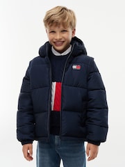 Tommy Hilfiger Dark Blue Heritage Back Logo Ripstop Puffer Jacket with Removable Sleeves - Image 1 of 7