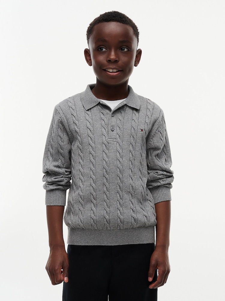 Tommy Hilfiger Grey Cable Knit Polo Jumper - Image 1 of 6 Tommy Hilfiger Grey Cable Knit Polo Jumper - Image 1 of 6