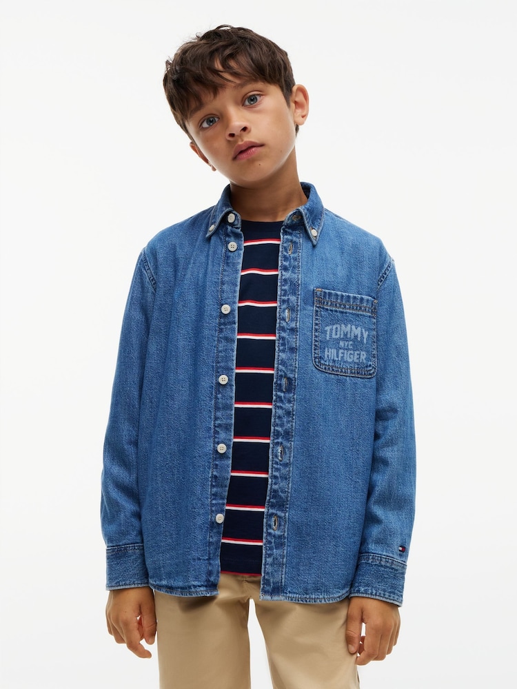 Tommy Hilfiger Blue Regular Fit Faded Logo Denim Shirt - Image 1 of 7 Tommy Hilfiger Blue Regular Fit Faded Logo Denim Shirt - Image 1 of 7