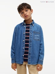 Tommy Hilfiger Blue Regular Fit Faded Logo Denim Shirt - Image 7 of 7