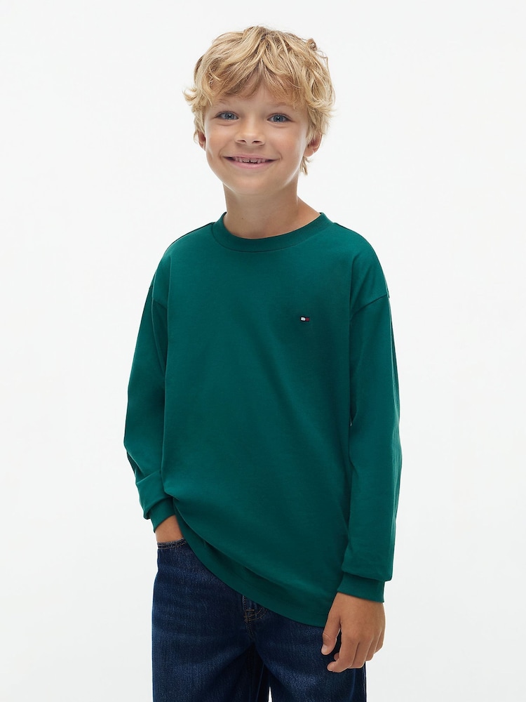 Tommy Hilfiger Green Essential Flag Embroidery Long Sleeve T-Shirt - Image 1 of 6 Tommy Hilfiger Green Essential Flag Embroidery Long Sleeve T-Shirt - Image 1 of 6