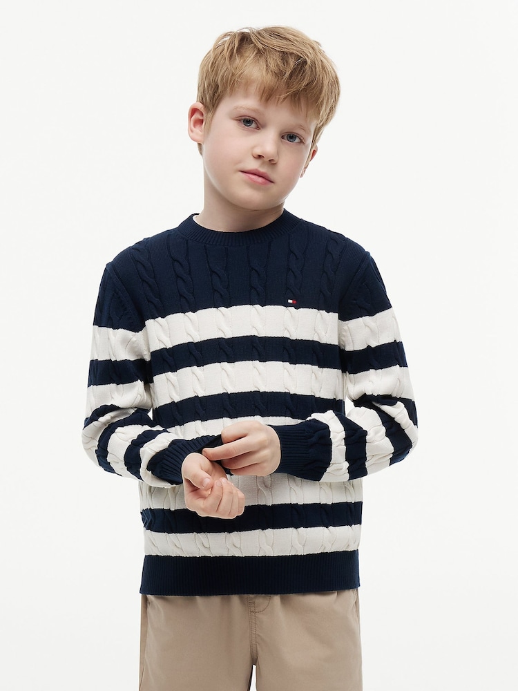 أزرق داكن أزرق - كنزة محبوكة بخيوط طويلة متداخلة بياقة بحافة مستديرة من Tommy Hilfiger - صورة 1 من 5