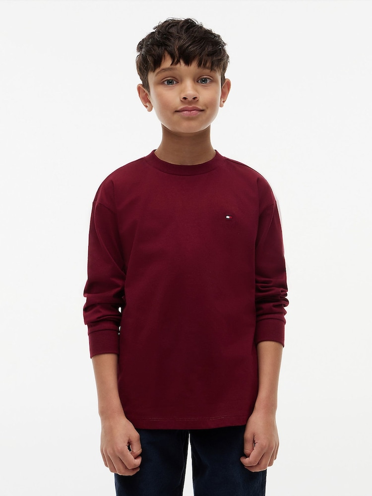 Rood - Tommy Hilfiger Essential T-shirt met lange mouwen en vlagborduurwerk - Afbeelding 1 van 6