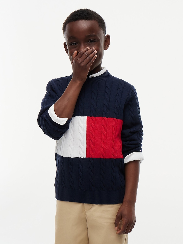 أزرق - كنزة محبوكة بخيوط طويلة متداخلة بياقة بحافة مستديرة من Tommy Hilfiger - صورة 1 من 6