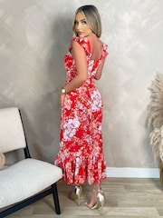 AX Paris Red Floral Printed Frill Strap Midi Dress - Image 1 of 4