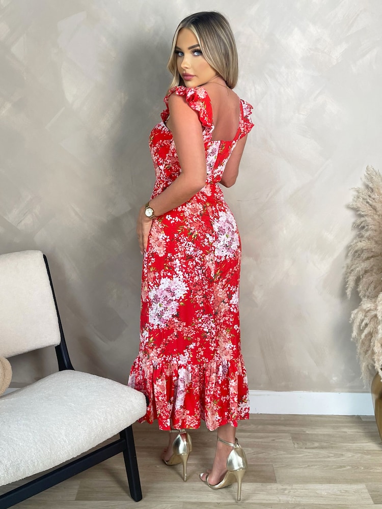AX Paris Red Floral Printed Frill Strap Midi Dress - Image 1 of 4