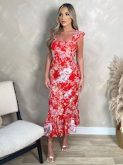 AX Paris Red Floral Printed Frill Strap Midi Dress - Image 3 of 4