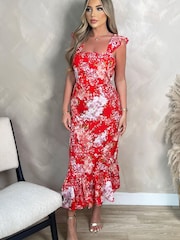 AX Paris Red Floral Printed Frill Strap Midi Dress - Image 4 of 4