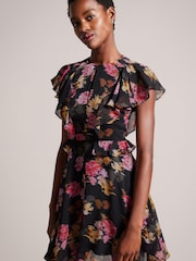 Ted Baker Tiiah Angel Sleeve Mini Black Dress With Peplum Waist - Image 1 of 6
