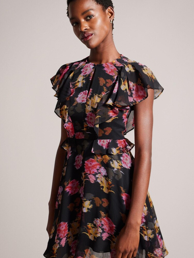 Ted Baker Tiiah Angel Sleeve Mini Black Dress With Peplum Waist - Image 1 of 6