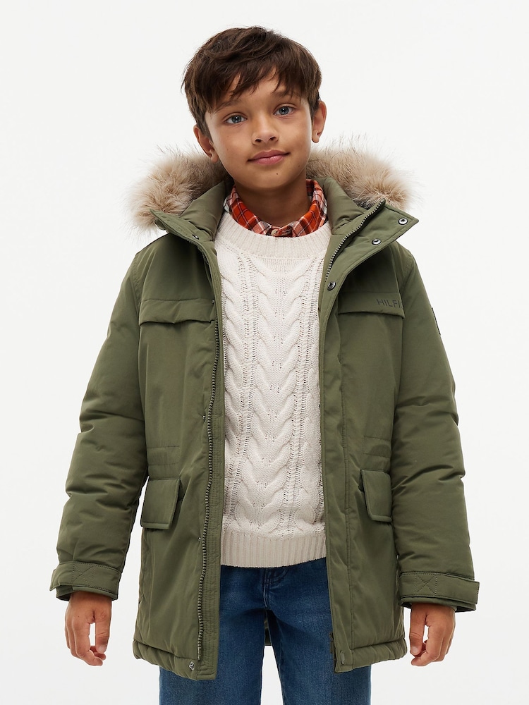 Tommy Hilfiger Green Faux Fur Hood Padded Parka Jacket - Image 1 of 8