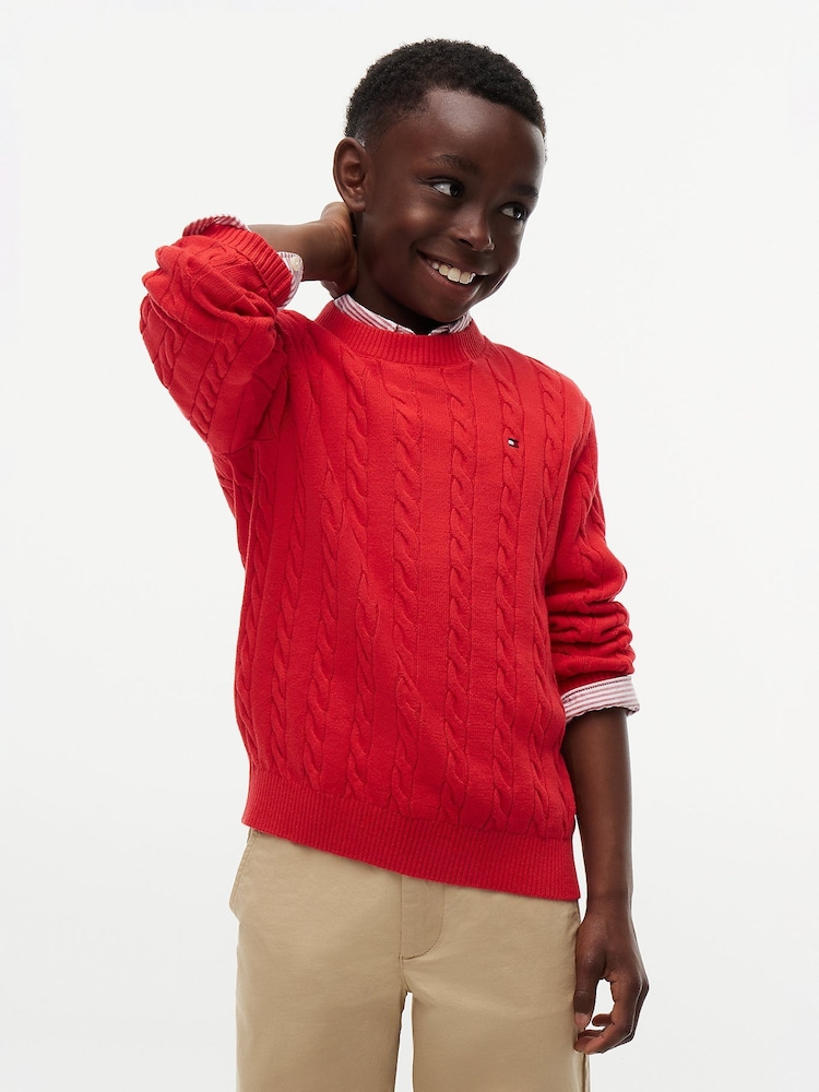 Tommy Hilfiger Red Cable Knit Crew Neck Jumper - Image 1 of 6 Tommy Hilfiger Red Cable Knit Crew Neck Jumper - Image 1 of 6