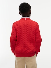 Tommy Hilfiger Red Cable Knit Crew Neck Jumper - Image 2 of 6