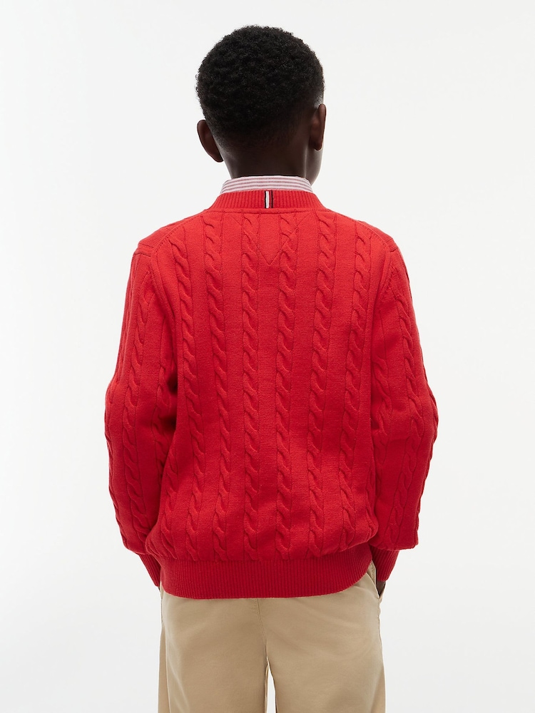 Tommy Hilfiger Red Cable Knit Crew Neck Jumper - Image 2 of 6 Tommy Hilfiger Red Cable Knit Crew Neck Jumper - Image 2 of 6