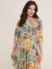 Phase Eight Orange Azalia Paisley Linen Swing Dress - Image 1 of 6