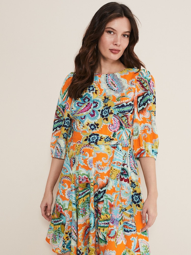 Phase Eight Orange Azalia Paisley Linen Swing Dress - Image 1 of 6