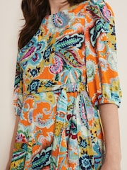 Phase Eight Orange Azalia Paisley Linen Swing Dress - Image 5 of 6