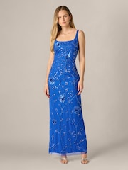 Adrianna Papell Blue Bead Mesh Column Dress - Image 1 of 6