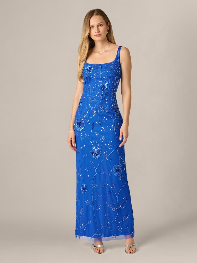 Adrianna Papell Blue Bead Mesh Column Dress - Image 1 of 6