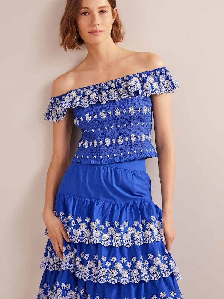 Boden Blue Off Shoulder Broderie Top - Image 1 of 4 Boden Blue Off Shoulder Broderie Top - Image 1 of 4