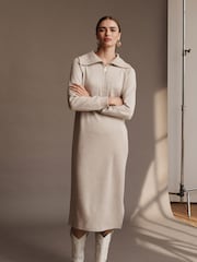 Neutral Soft Touch Cosy Zip Detail Jumper Dress - Image 1 of 6