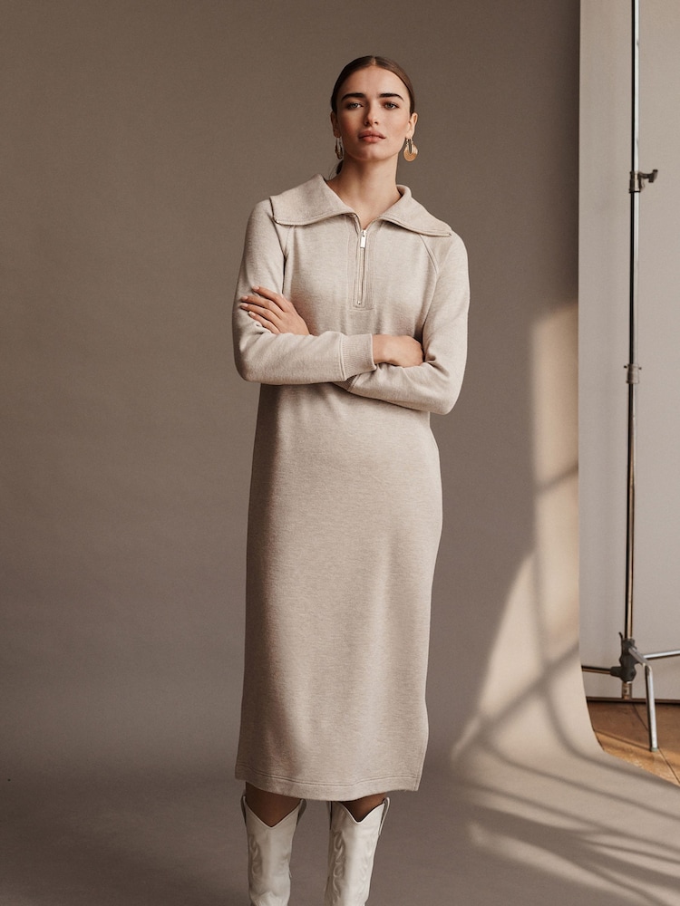 Neutral Soft Touch Cosy Zip Detail Jumper Dress - Image 1 of 6