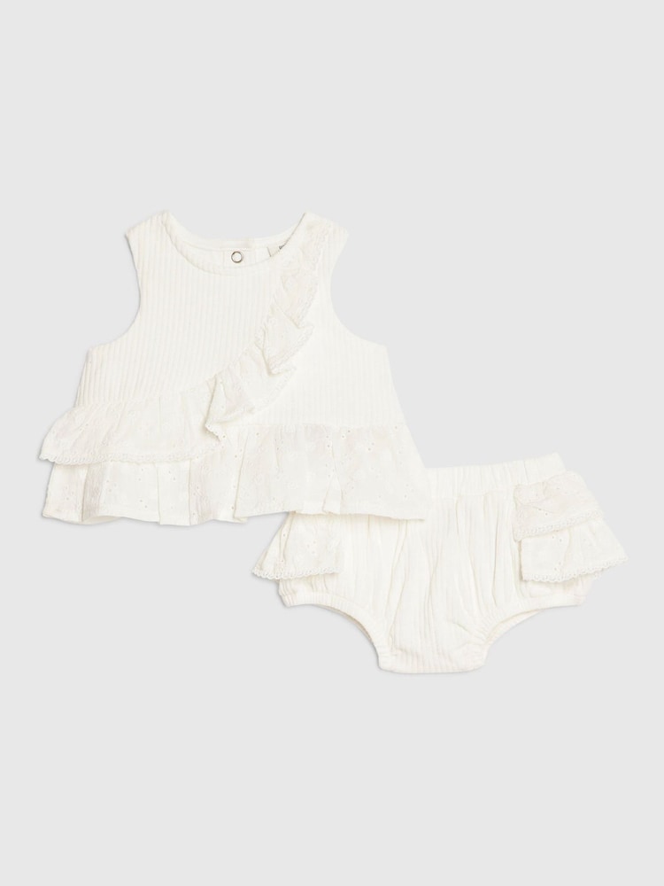 River Island White Ruffle Broderie Top & Short Set - Image 1 of 5 River Island White Ruffle Broderie Top & Short Set - Image 1 of 5