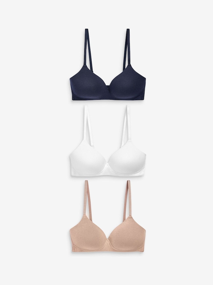 White/Navy Blue/Pink Pad Non Wire Cotton Blend Ultimate Comfort Bras 3 Pack - Image 7 of 10