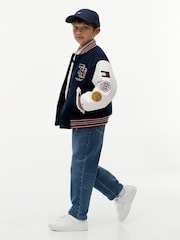 Tommy Hilfiger Blue Bouclé Logo Embroidery Relaxed Bomber Jacket - Image 2 of 6
