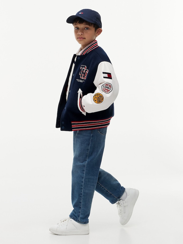 Tommy Hilfiger Blue Bouclé Logo Embroidery Relaxed Bomber Jacket - Image 2 of 6 Tommy Hilfiger Blue Bouclé Logo Embroidery Relaxed Bomber Jacket - Image 2 of 6