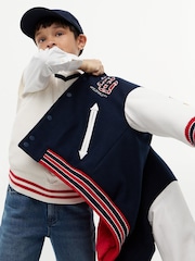 Tommy Hilfiger Blue Bouclé Logo Embroidery Relaxed Bomber Jacket - Image 3 of 6