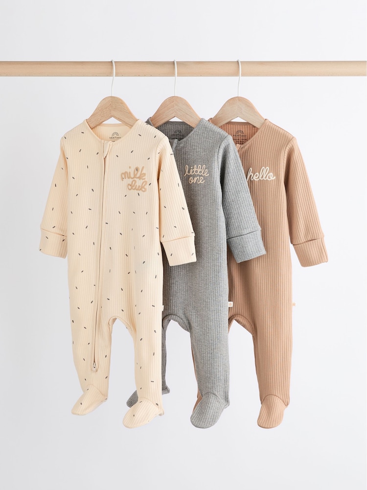 Neutral Milk Club Baby Two Way Zip 100% Cotton Sleepsuits 3 Pack (0mths-2yrs) - Image 1 of 13