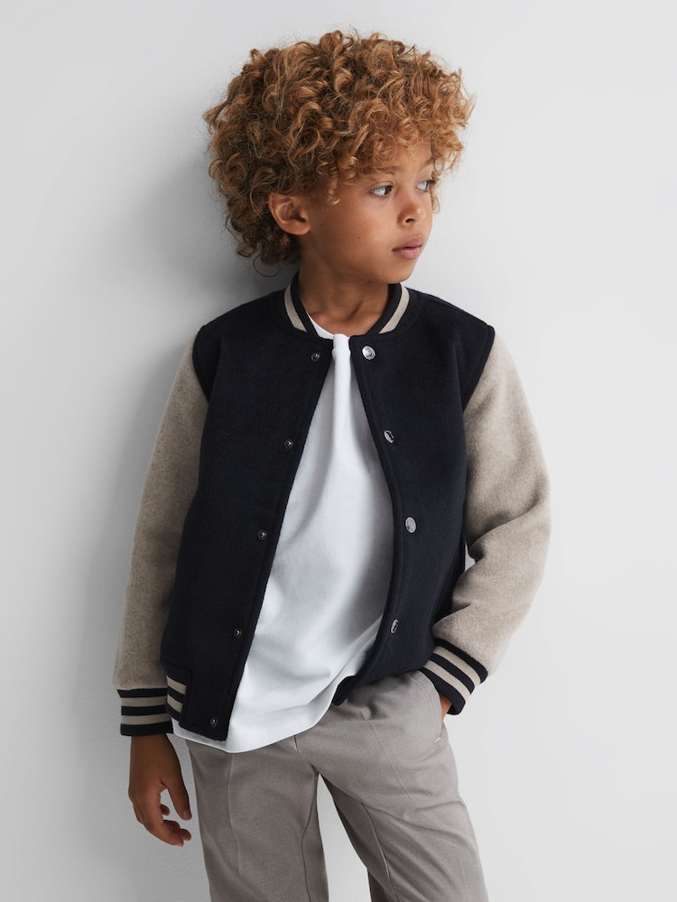 Reiss Navy/Stone Kansas Senior Wool Blend Varsity Bomber Jacket - Image 1 of 6 Reiss Navy/Stone Kansas Senior Wool Blend Varsity Bomber Jacket - Image 1 of 6