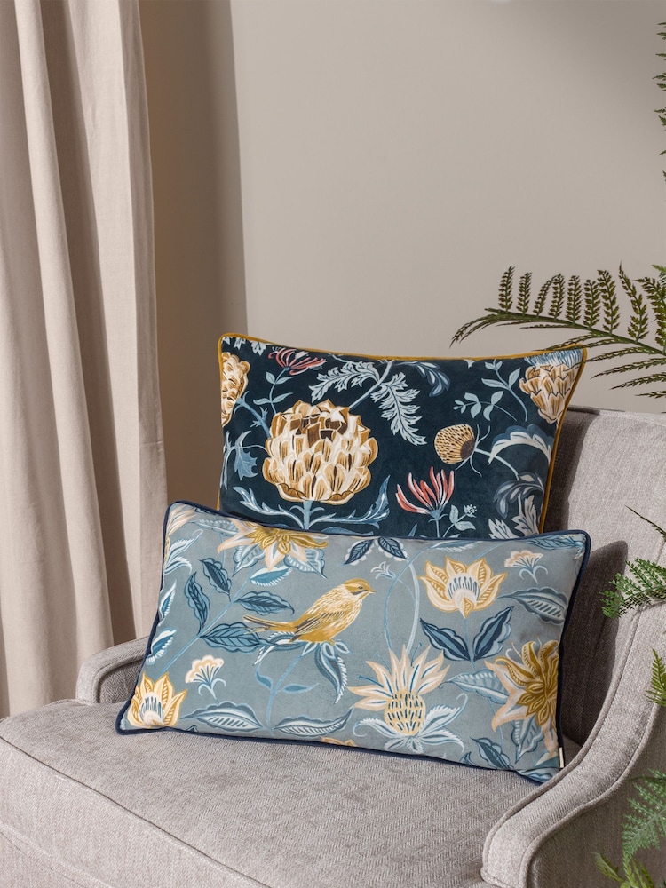 Evans Lichfield Blue Chatsworth Aviary Country Floral Piped Cushion - Image 2 of 6
