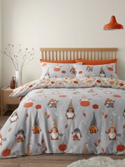 Catherine Lansfield Grey Brushed 100% Cotton Autumn Pumpkin Gonks Duvet Cover Set - Image 1 of 4