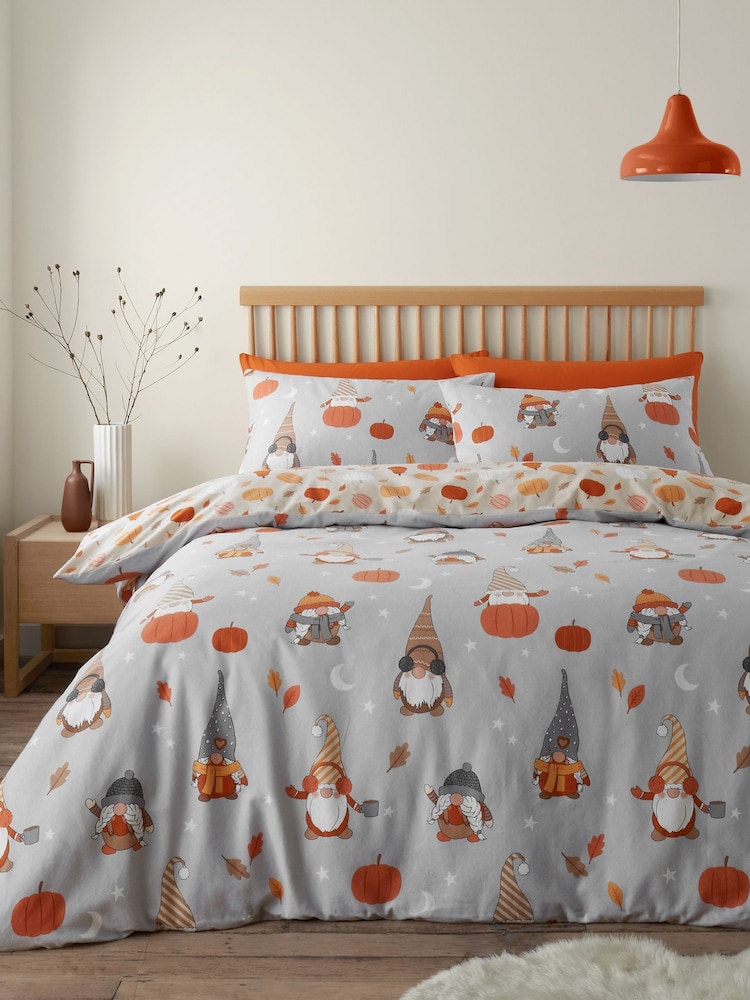 Catherine Lansfield Grey Brushed 100% Cotton Autumn Pumpkin Gonks Duvet Cover Set - Image 1 of 4