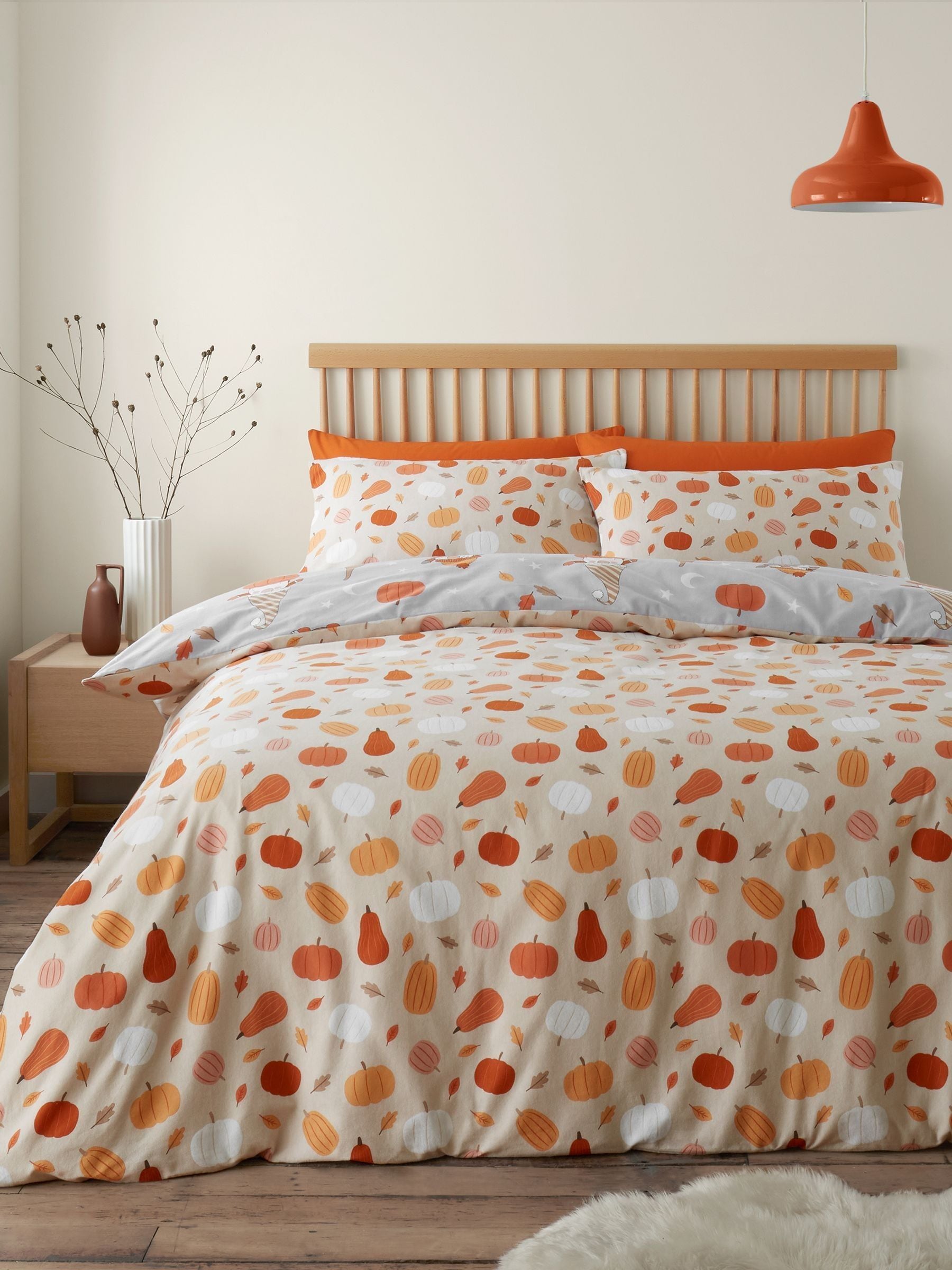 Buy Catherine Lansfield Grey Brushed 100 Cotton Autumn Pumpkin Gonks Duvet Cover Set from the Next UK online shop