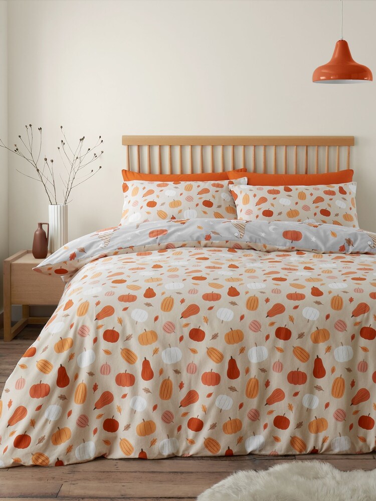 Catherine Lansfield Grey Brushed 100% Cotton Autumn Pumpkin Gonks Duvet Cover Set - Image 2 of 4