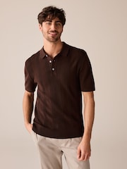 Brown Regular Fit 100% Cotton Knitted Textured Stripe Polo Shirt - Image 4 of 8