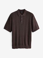 Brown Regular Fit 100% Cotton Knitted Textured Stripe Polo Shirt - Image 6 of 8