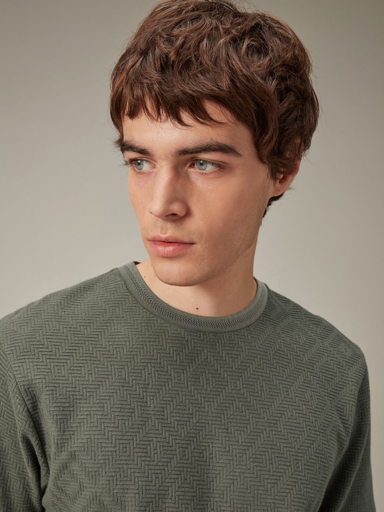Khaki Green Textured Relaxed Fit T-Shirt - Image 1 of 5