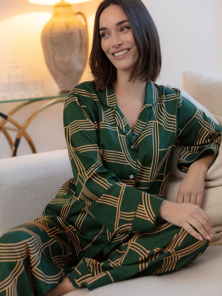 Fable and Eve Green Geo Print Wide Leg Pyjamas Set - Image 1 of 4