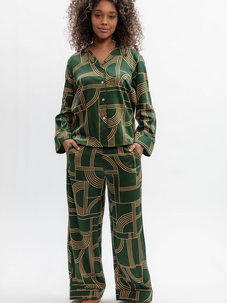 Fable and Eve Green Geo Print Wide Leg Pyjamas Set - Image 2 of 4