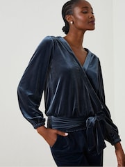 FatFace Blue Reese Velvet Wrap Top - Image 1 of 6