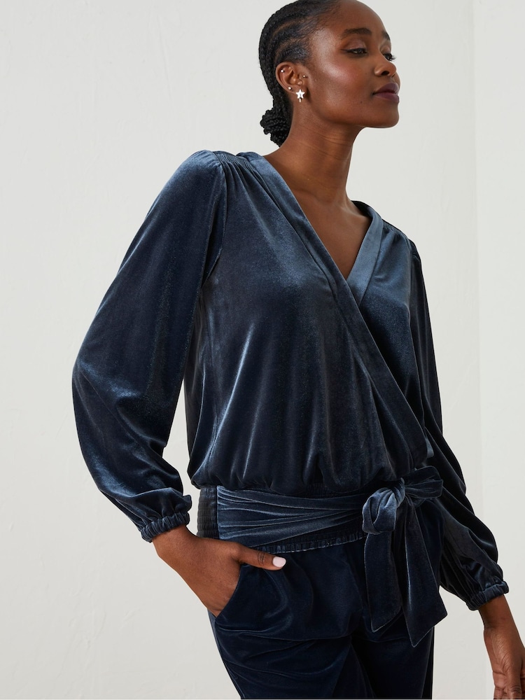 FatFace Blue Reese Velvet Wrap Top - Image 1 of 6