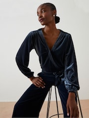 FatFace Blue Reese Velvet Wrap Top - Image 3 of 6